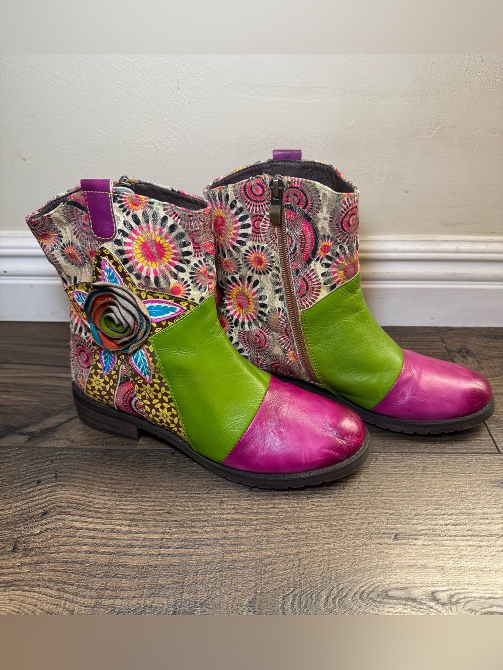 Socofy Bohemian Leather Colorful Patchwork Floral Rose Ankle Boots Size US 6-6.5